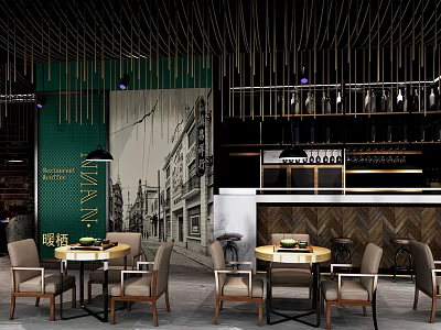 Café Interior With Green Accent Wall Black And White Street Mural Round Tables Beige Chairs 3d model