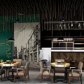 Café Interior With Green Accent Wall Black And White Street Mural Round Tables Beige Chairs
