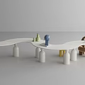 Modern Curved White Kids Desk with Small Animal Figurines and Matching Chairs