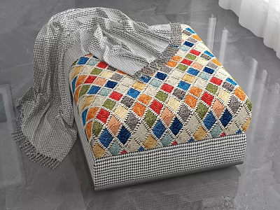 Colorful Diamond Pattern Fabric Stool With Gray Blanket In Modern Interior 3d model