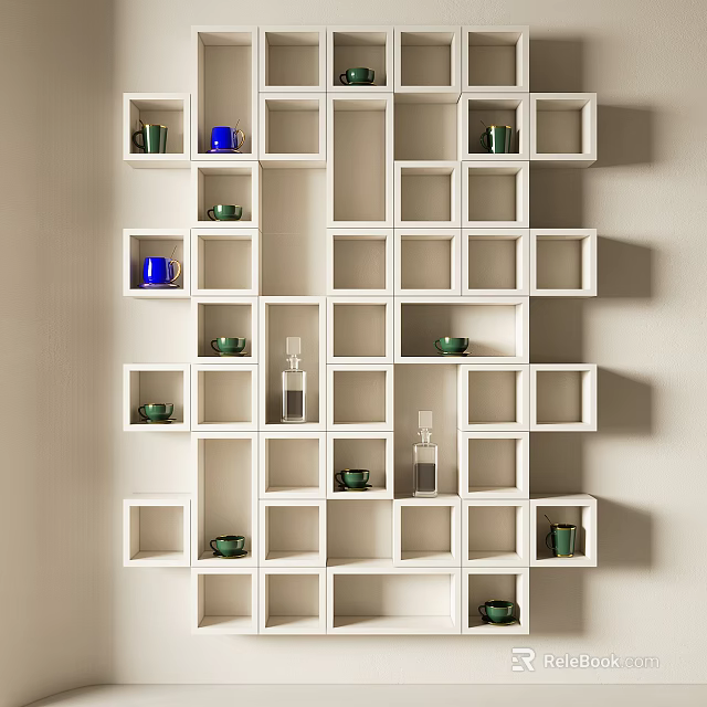 White Cube Wall Mounted Shelving Unit With Colorful Cups And Glass Bottles For Interior Decor 3d model 
