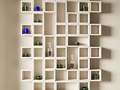 White Cube Wall Mounted Shelving Unit With Colorful Cups And Glass Bottles For Interior Decor 3d model