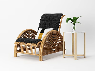Rattan Leisure Chair with Black Cushion Decorative Pillow Side Table and Green Plant 3d model