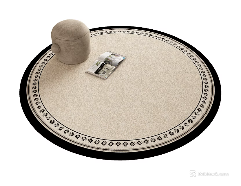 Beige Round Rug With Black Patterned Border Small Stool And Magazine On Top 3d model
