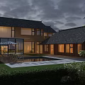 Traditional Chinese Guesthouse Architecture With Wooden Exterior Swimming Pool Greenery And Evening Lighting