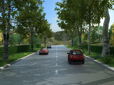 Well Constructed Road Facilities with Two Way Lanes Vehicles and Green Trees on Sides 3d model