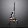 Stylish Guitar With Colorful Stickers On Brown Body And Black Stand