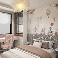 Playful Kids Bedroom Interior With Hot Air Balloon Mural Bed Pink Chair And Chandelier