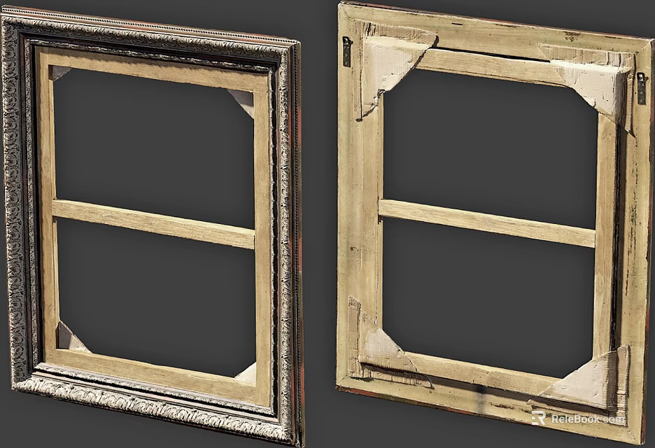 Two Vintage Picture Frames With Decorative And Simple Wooden Divided Panels 3d model 