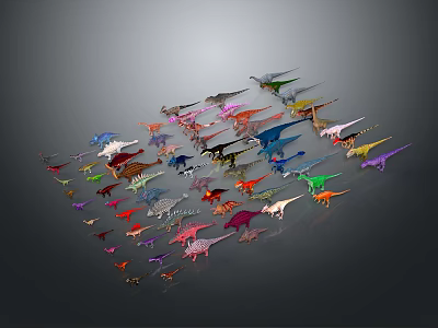 Colorful Dinosaur Models in Various Colors Arranged Together on Gray Background 3d model