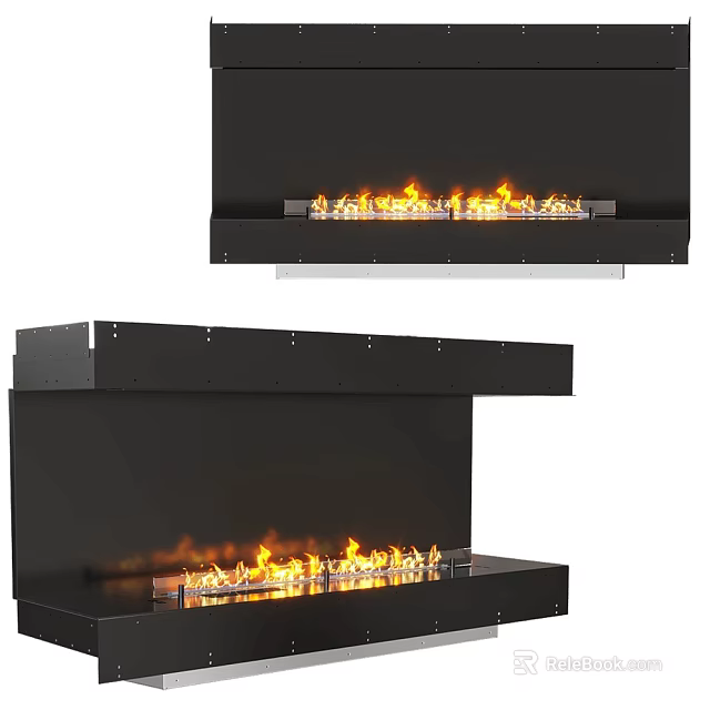 Modern Sleek Black Fireplace Design For Home Interior With Linear Structure And Burning Flames 3d model 