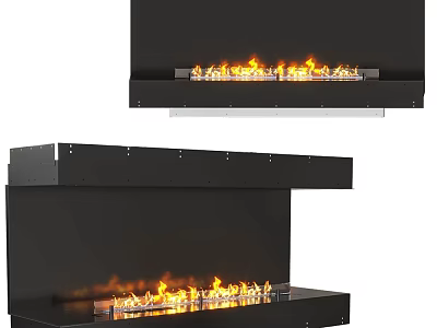 Modern Sleek Black Fireplace Design For Home Interior With Linear Structure And Burning Flames 3d model