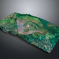 Detailed 3D Terrain Model With Green Vegetated Mountains And Valley Landforms
