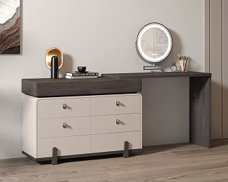 Italian Style Minimalist Modern Makeup Table Dressing Table Makeup Mirror Makeup Pen Exquisite Handles Wood Grain Decorative Painting Champagne Grey Wood Floor Light Luxury 3d model