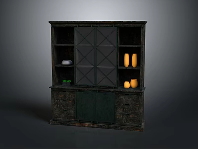 Dark Wooden Cabinet With Glass Door Open Shelves And Decorative Vases Bowl Plant 3d model