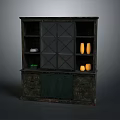 Dark Wooden Cabinet With Glass Door Open Shelves And Decorative Vases Bowl Plant