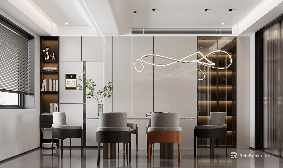 Modern Living Dining Room Interior With Dining Table Chairs Hanging Linear Light And Cabinets 3d model 