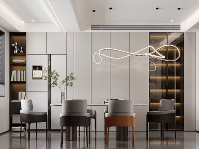 Modern Living Dining Room Interior With Dining Table Chairs Hanging Linear Light And Cabinets 3d model