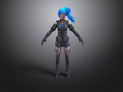 3D Character Model With Blue Long Hair And Black Armor Outfit 3d model