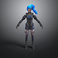 3D Character Model With Blue Long Hair And Black Armor Outfit