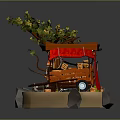 Ancient Wooden Cart with Red Canopy Tree and Decorative Elements on Stone Platform