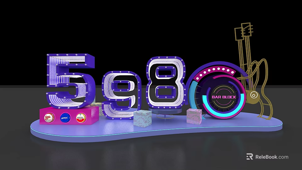 Neon 598 Numbers With BAR ROCKS Sign Guitar And Colorful Blocks On Display Platform 3d model 