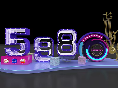 Neon 598 Numbers With BAR ROCKS Sign Guitar And Colorful Blocks On Display Platform 3d model