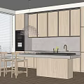 Modern Restaurant Kitchen With Open Design Light Wood Cabinets Island Pendant Light And Bar Stools