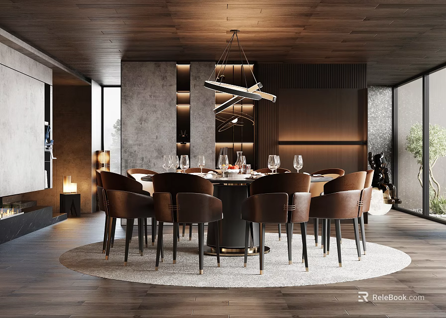 Elegant Modern Restaurant Interior With Round Dining Table Leather Chairs And Chandelier 3d model 