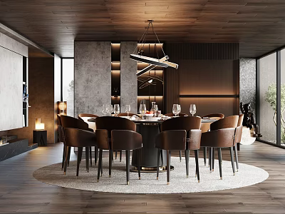 Elegant Modern Restaurant Interior With Round Dining Table Leather Chairs And Chandelier 3d model