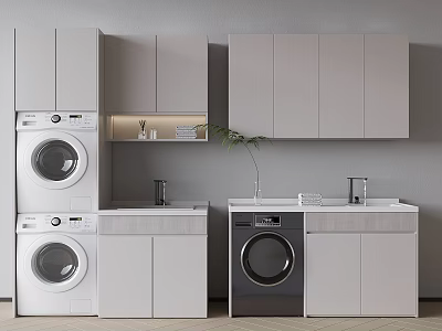 Modern Bathroom Cabinet with Washing Machine Dryer and Upper Storage Cabinets 3d model