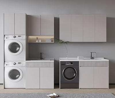 Modern Bathroom Cabinet with Washing Machine Dryer and Upper Storage Cabinets 3d model