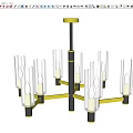 Modern Chandelier Design With Transparent Glass Cylinders Brass Metal Frame And Illuminated Bulbs