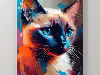 Colorful Cat Portrait Animal Painting With Vibrant Blue Eyes And Artistic Brushstrokes 3d model