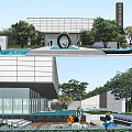 Modern Sales Office Building With Glass Facade Circular Driveway And Parked Cars
