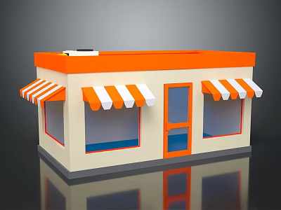 Small Retail Building with Orange Roof White and Orange Striped Awnings Windows and Door 3d model