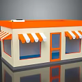 Small Retail Building with Orange Roof White and Orange Striped Awnings Windows and Door