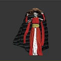 Traditional Costume Mannequin Wearing Red White Robe Black Cape Yellow Belt And Bamboo Hat