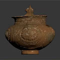 Handcrafted Carved Pottery Jar With Bird Shaped Handle And Intricate Patterns