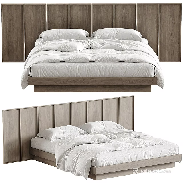 Modern Double Bed With Wooden Headboard And White Bedding Set 3d model 