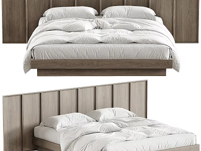 Modern Double Bed With Wooden Headboard And White Bedding Set 3d model