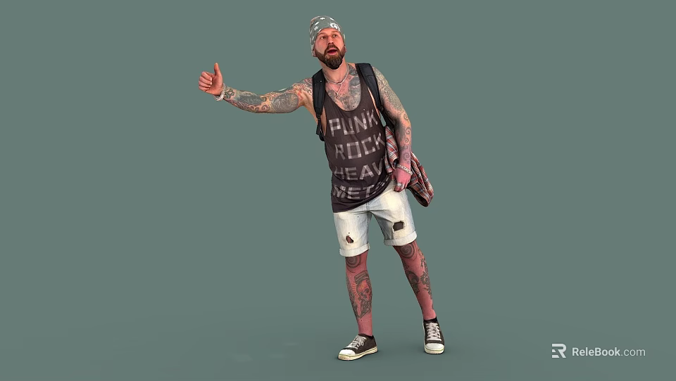Man With Tattoos In Punk Rock Tank Top And Distressed White Shorts Giving Thumbs Up 3d model 
