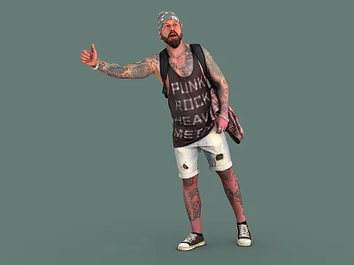 Man With Tattoos In Punk Rock Tank Top And Distressed White Shorts Giving Thumbs Up 3d model