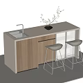 Modern Bar Counter With White Countertop Wooden Cabinet Sink Faucet Black Vase And Stools
