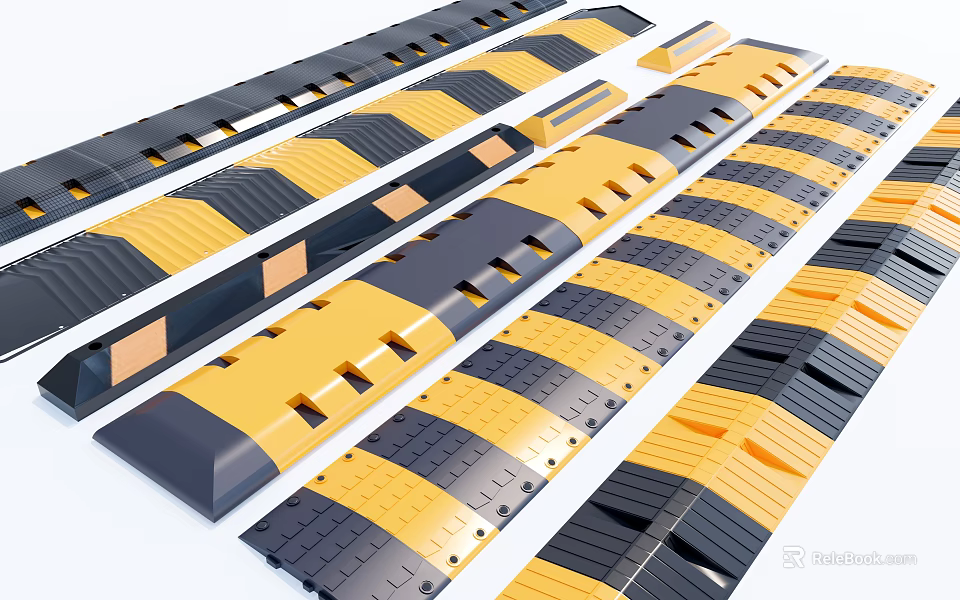 Road Speed Bumps With Yellow Black Stripes And Durable Rubber Design For Traffic Safety 3d model 
