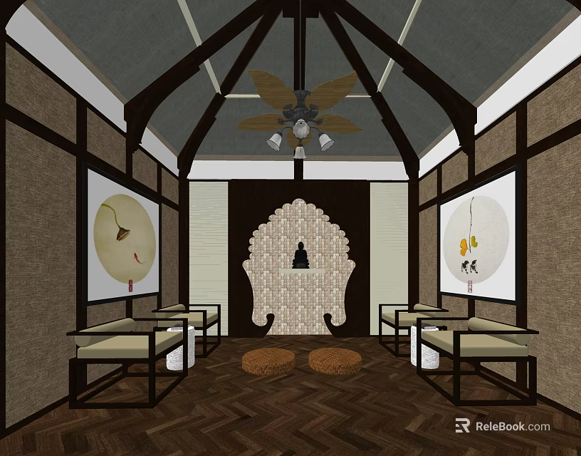 Traditional Religious Sanctuary Interior With Wooden Ceiling Decorative Panels And Prayer Cushions 3d model 