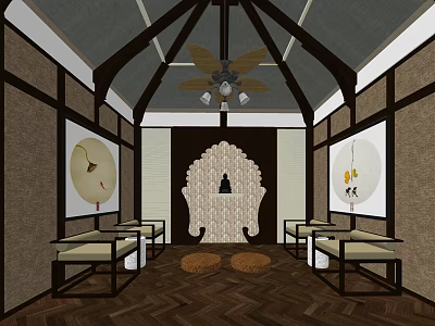 Traditional Religious Sanctuary Interior With Wooden Ceiling Decorative Panels And Prayer Cushions 3d model
