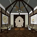 Traditional Religious Sanctuary Interior With Wooden Ceiling Decorative Panels And Prayer Cushions