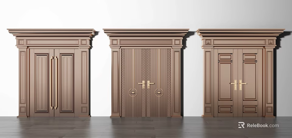 Elegant Brown Double Doors Featuring Golden Handles And Classical Design Elements 3d model