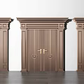 Elegant Brown Double Doors Featuring Golden Handles And Classical Design Elements 3d model